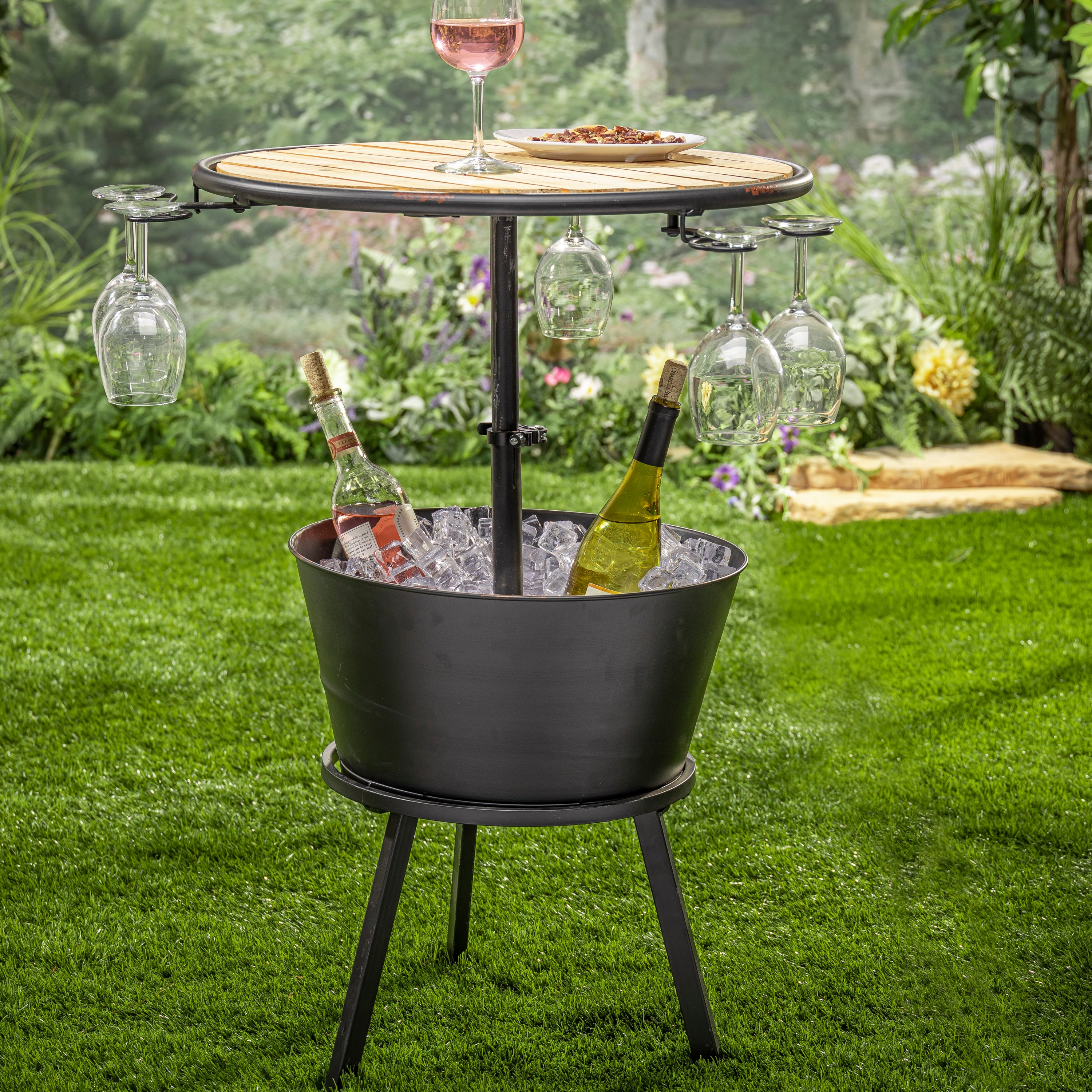 35.75 Inch Metal and Wood Outdoor Table with Ice Bucket